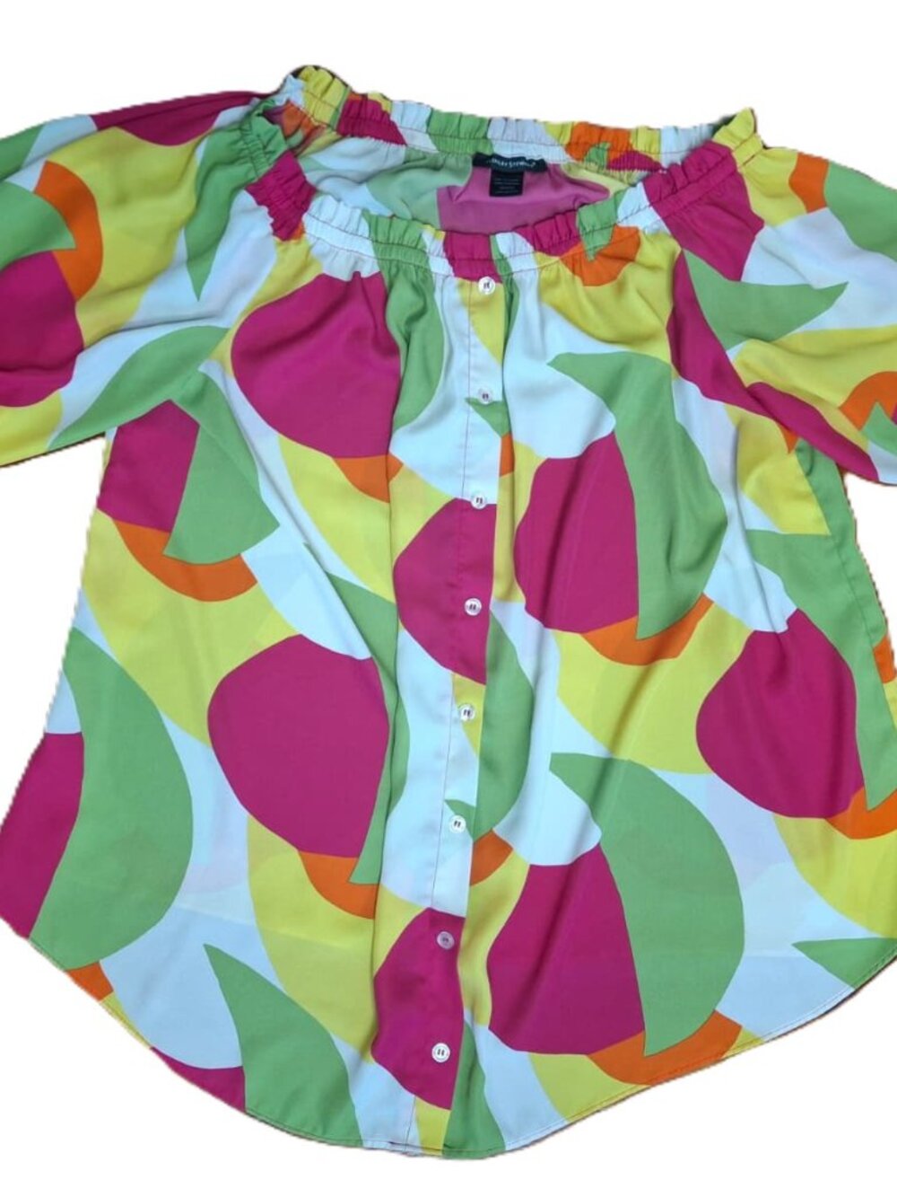 Ashley Stewart plus-size off-the-shoulder print blouse, Pink & Green,Size 18/20W - Picture 1 of 7